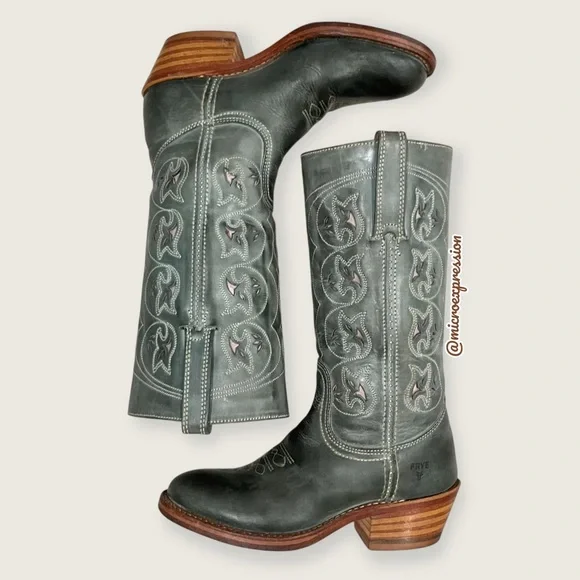 VINTAGE 1980 Frye Austin Campus Green-Blue Leather Floral Embroider Cowboy Boot - Picture 16 of 16